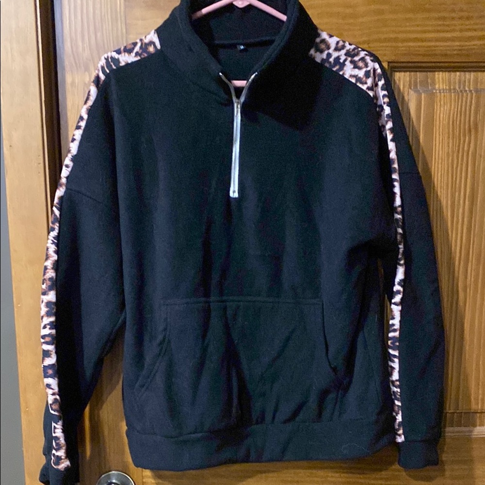 Black Pullover with Leopard Print Accents